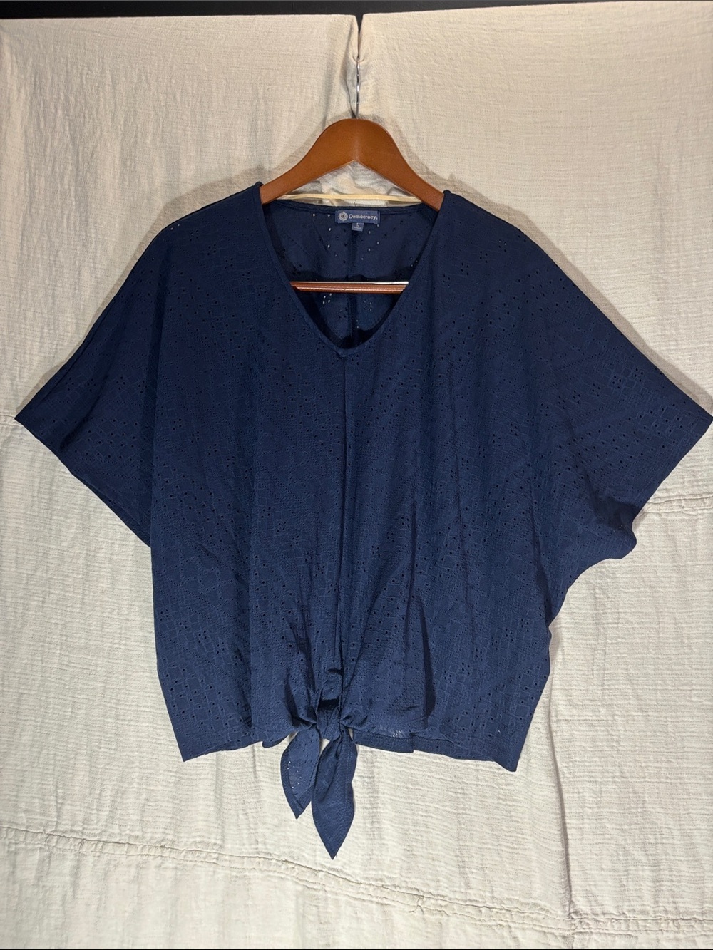 Democracy Navy Eyelet Tie-Front Blouse - Picture 3 of 8